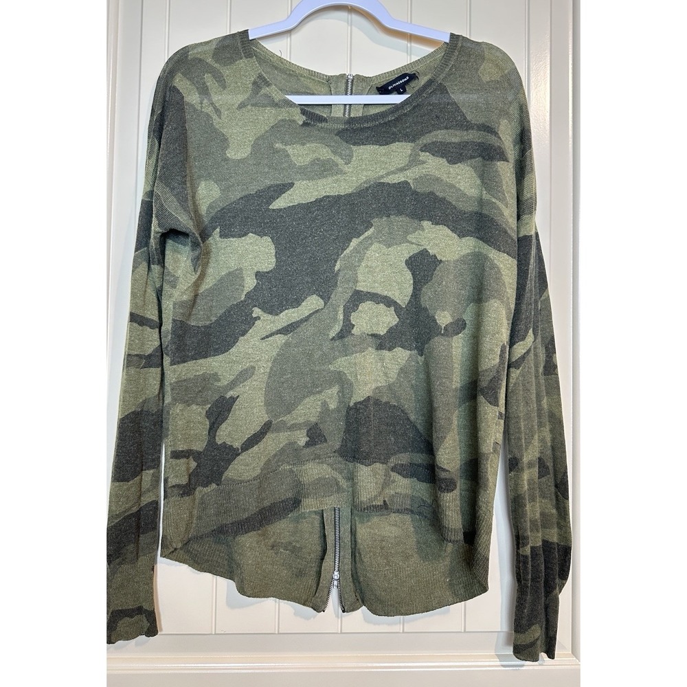 Olivaceous green camo lightweight wool blend tunic length long sleeve sweater L